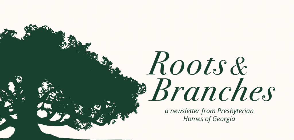 Banner with a dark green tree silhouette on a light beige background and the title 'Roots & Branches' with subtitle 'a newsletter from Presbyterian Homes of Georgia'.