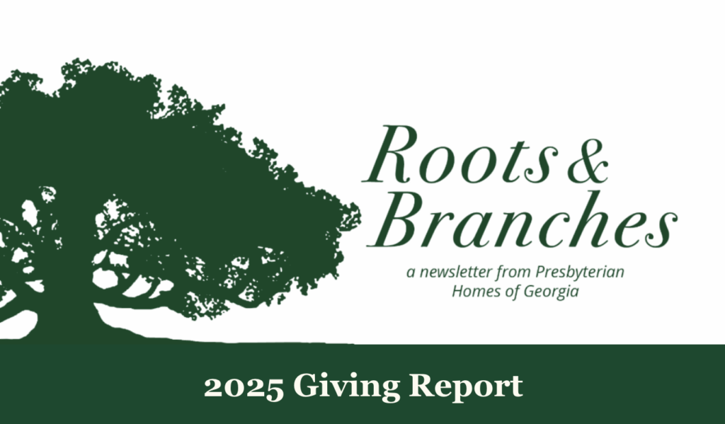 Header for 2025 Giving Report: Roots & Branches newsletter logo with a large green tree on the left and script text on the right.