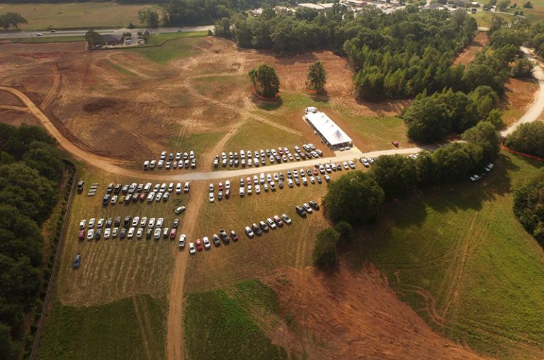 Aerial view of tent at a groundbreaking ceremony